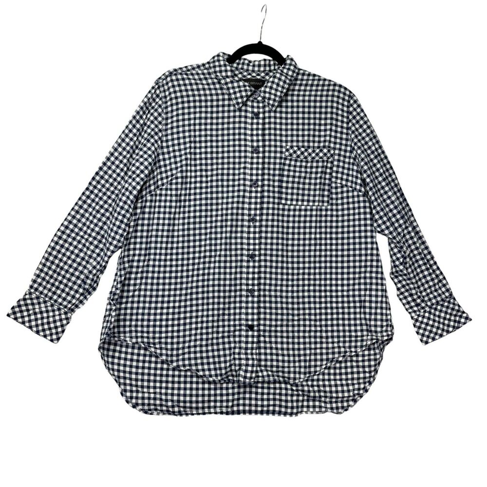 Lane Bryant Top Women's 20 Blue White Plaid Lightweight Roll Tab Button Preppy